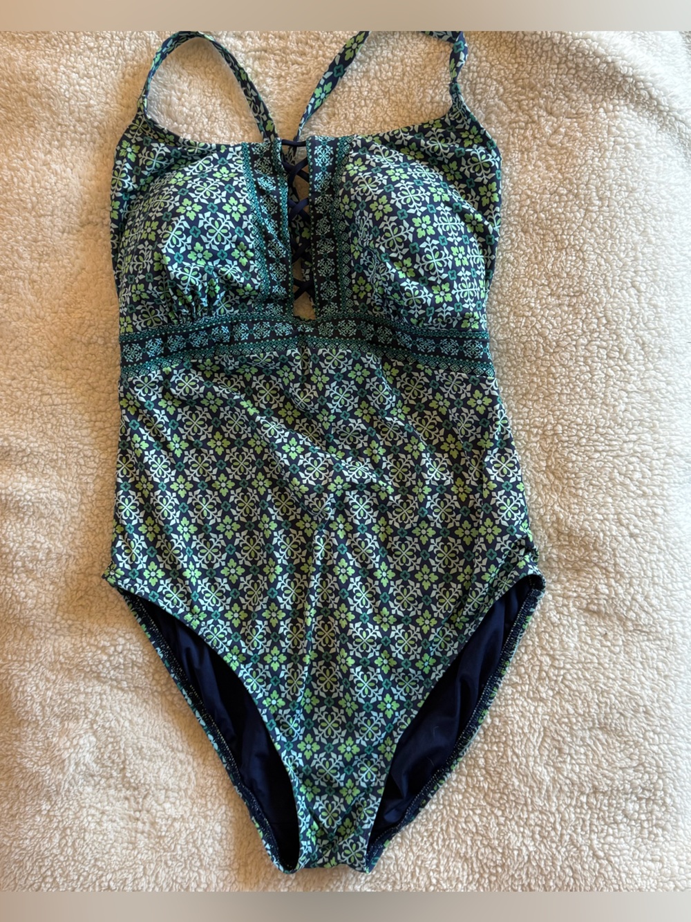 Lands’ End One Piece Swimsuit Blue Green Geometric Print Tummy Control 16W